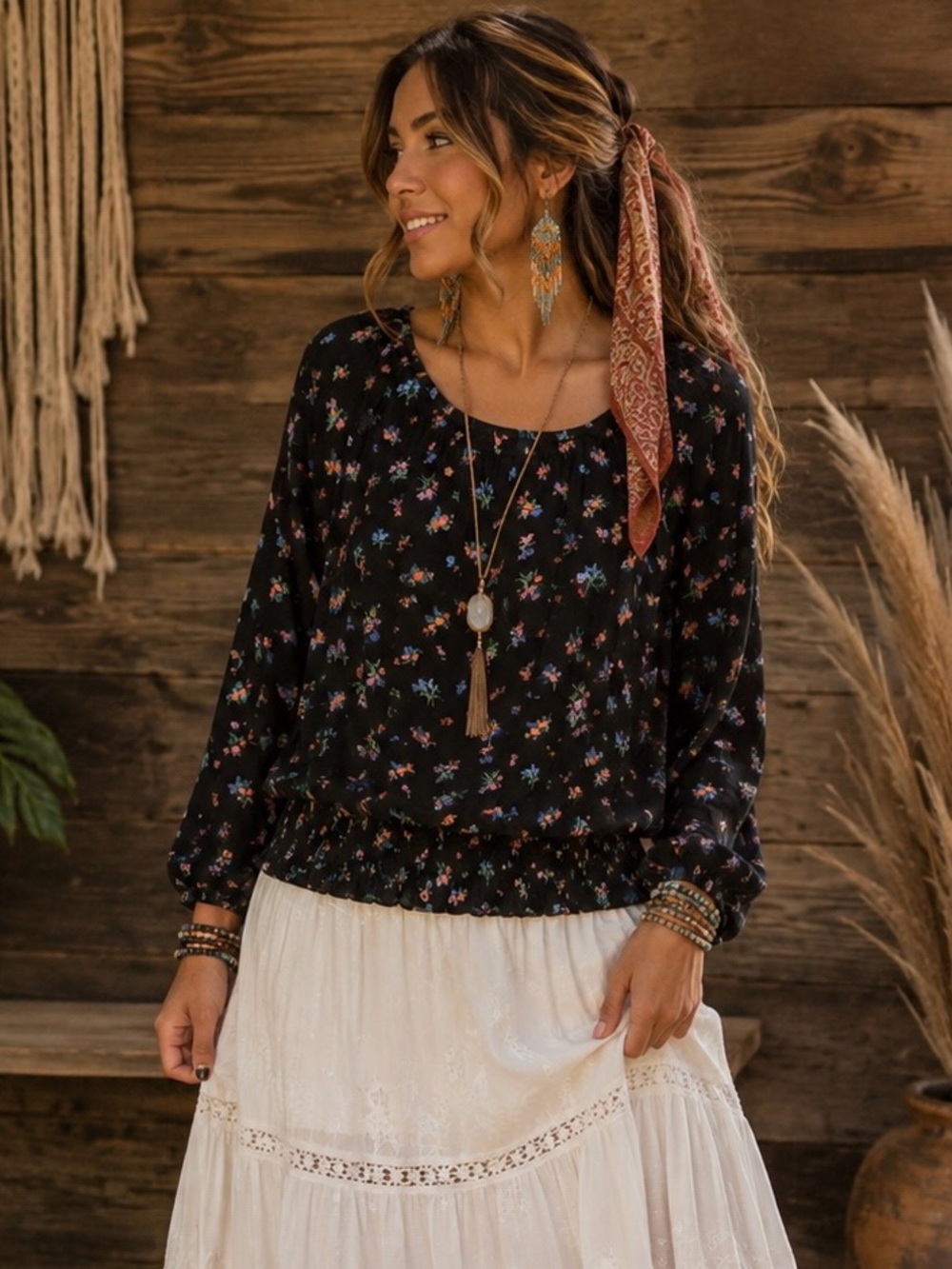 Black Floral Long Sleeve Peasant Blouse